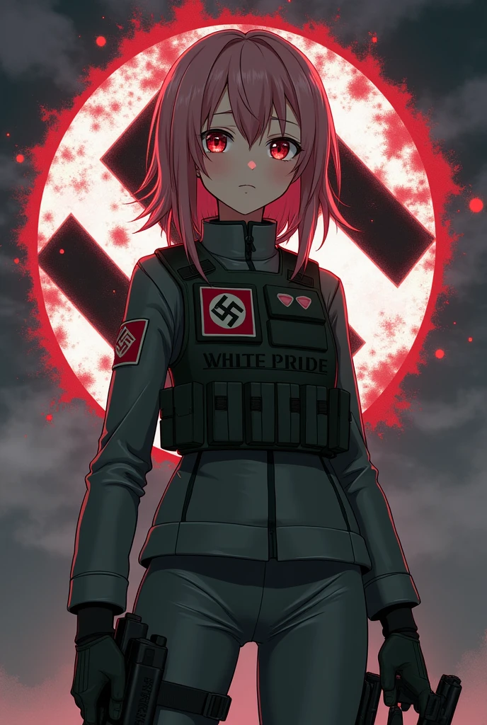 Anime girl militaire avec un patch SS sur son gilet par balle et l'inscription World wide white pride derrière elle