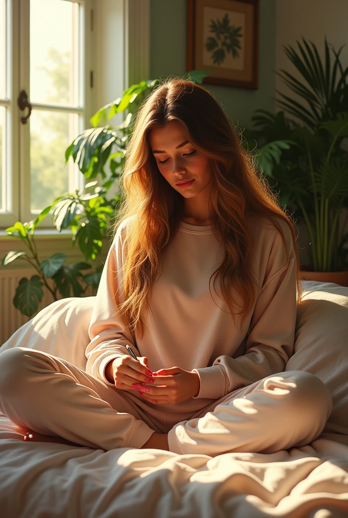(photorealism:1.2), beautiful woman, sitting on bed, wearing sweatshirt
top, pajama pants, long hair, painting her nails,indoors, soft lighting, plants in background, window with sunlight, cozy room, relaxed pose, realistic, intricate details, warm colors, by Greg Rutkowski, by Alphonse Mucha