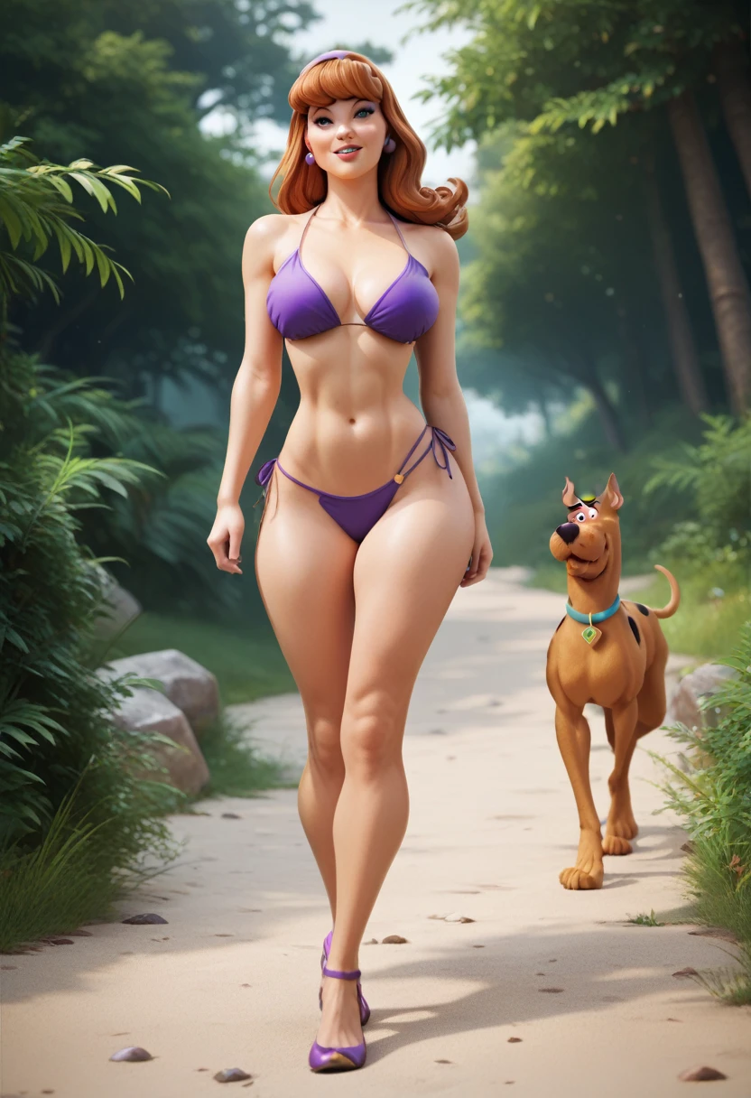 (Daphne Blake (human) bikini) full body, walking with (Scooby Doo, Great Dane dog) on a deserted beach