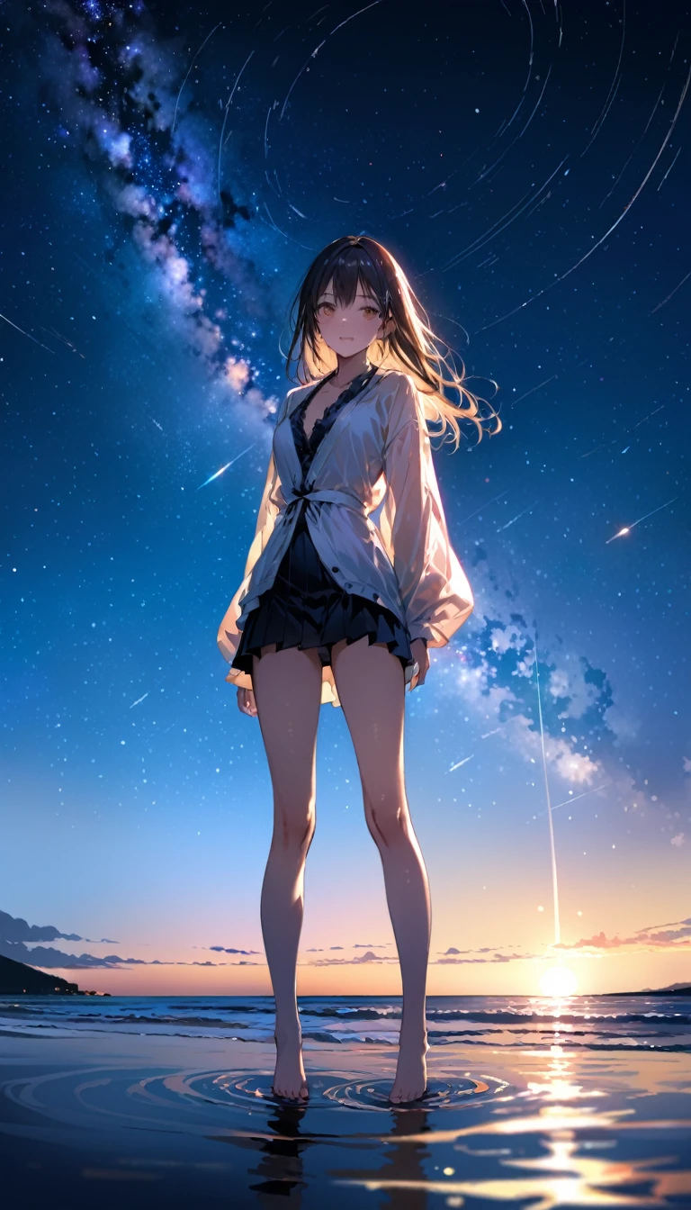 (close up:1.4)、(original photo:1.2)、(Realistic:1.4)、(masterpiece:1.3)、(best quality:1.4)、Japanese Girls、(Night view:1.2)、Thin clothes、pretty girl、Put one foot into the sea、stand on tiptoes、landscape、between the horizon and the sea、View from the side、Ripples spread from the toes、Stand about 20 meters away、on the sea、The whole scene shines、illumination、