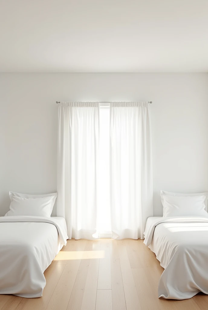 An image showing two beds and a rod white pocket curtain in between them which will be hang from the ceiling in 1 point perspective