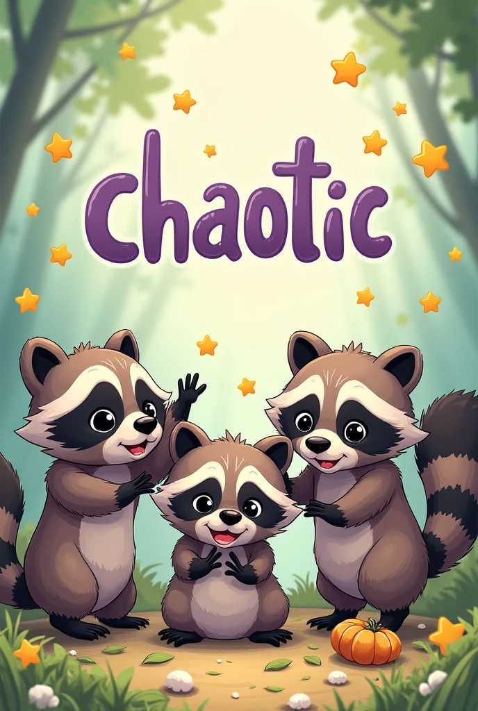 create an art about cute raccoons in drawing, so I can use it in my cup, must have the word written in violet "chaotic" with cute little yellow stars