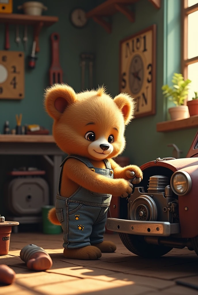 a cute bear fixing a car