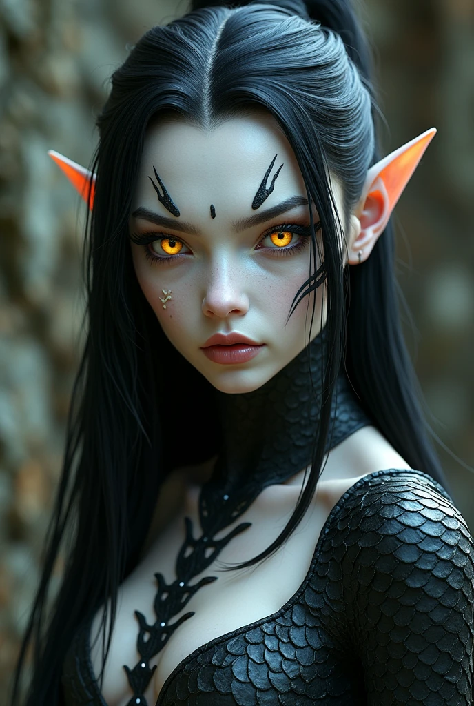 (((beautiful, high quality))), portrait, score_9, score_8_up, score_7_up, Yuan-ti, half snake apperience black sclera, slit pupils, scales, pointed ears, 1girl, yellow eyes, white skin, black scales, black hair, fantasy background, blurred background