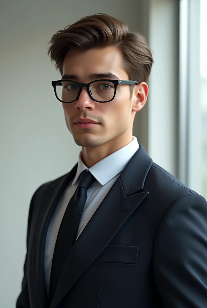 a man in a suit, Wavy hair, a little short and tidy, with black prescription glasses, young man