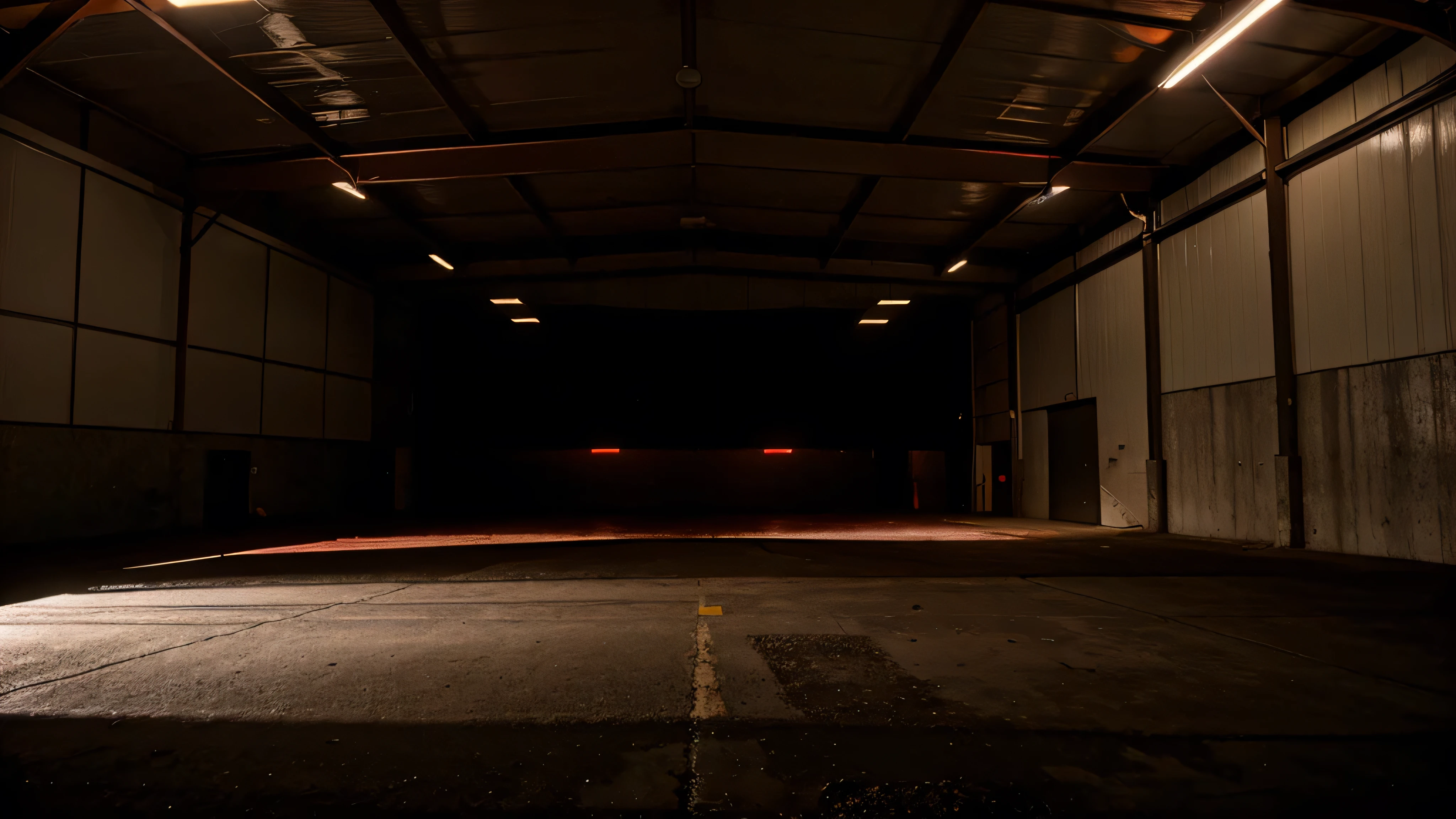 Dark garage background, perspective view of underground empty warehouse in hangar with red led lighting.