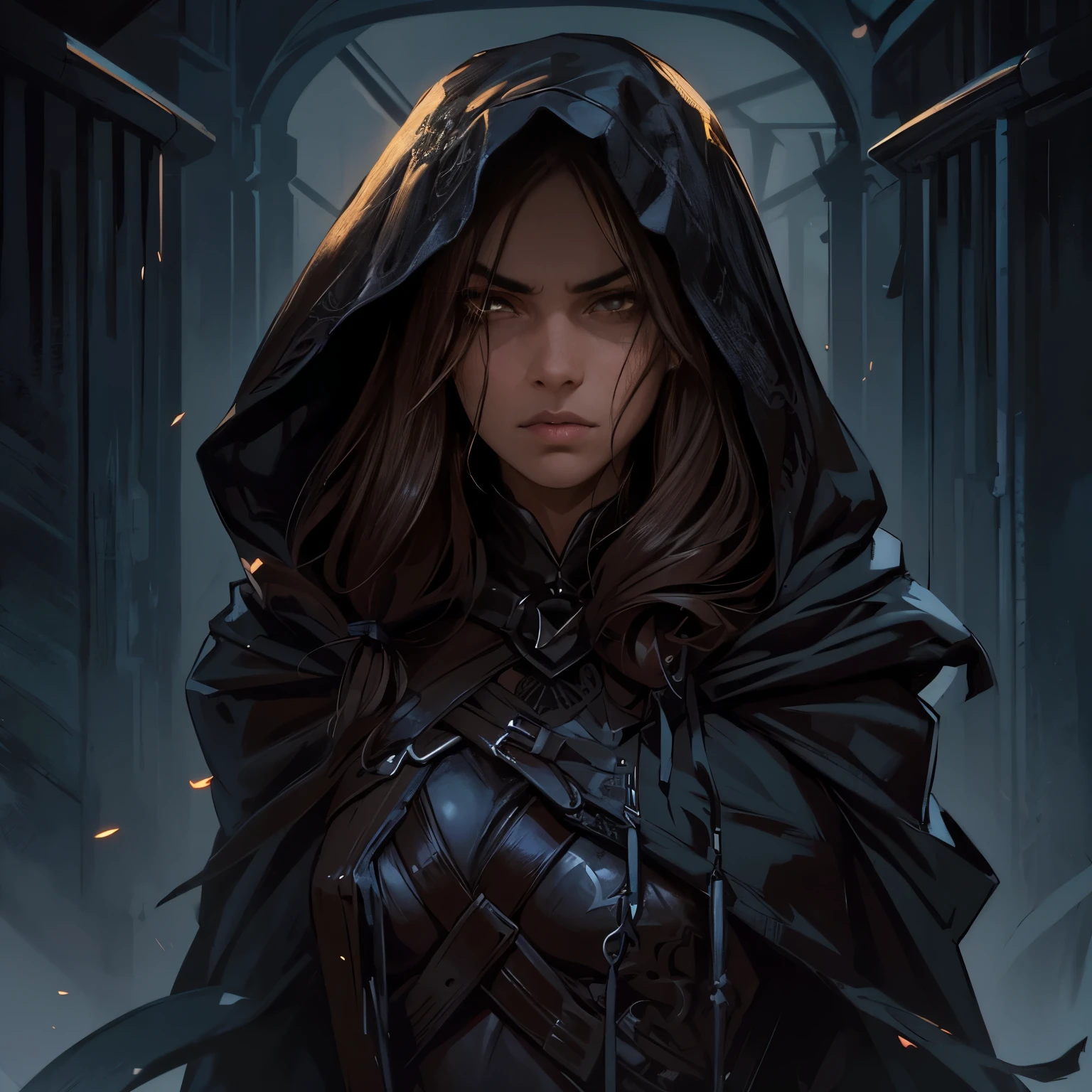 "A dark, detailed illustration of a fierce hooded woman with beautiful almond-shaped brown eyes. Her gaze is tough and intimidating, exuding strength and determination. The hood casts shadows over her face, enhancing her mysterious and powerful presence, depicted in a dramatic, intricate style --ar 1:1"
