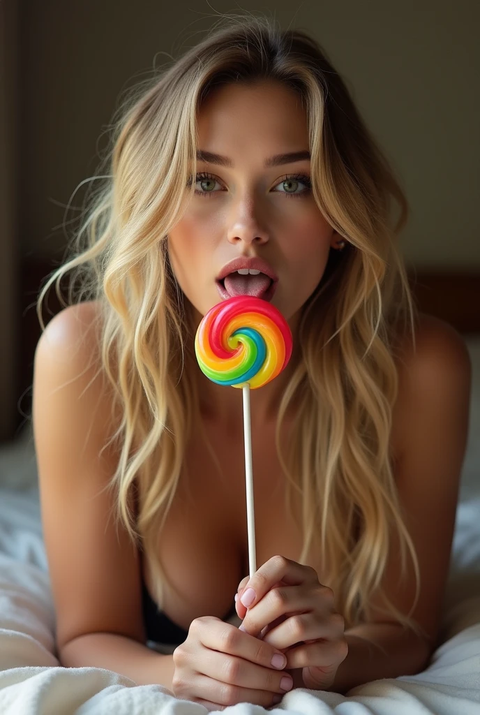 (full body shot:1) photorealistic image of a (laying pose:1) woman, ultrarealistic, photography, long wavy blonde hair, hourglass figure, perfect body, Flirty look, natural medium round breasts, blur background, her wet tongue licking a thick and long rainbow-coloured spiral lollipop, a little bit of saliva is dripping from her tongue, seductive look, long eyelashes, cat-eye make-up, cleavage, thigh, short skirt, sexy