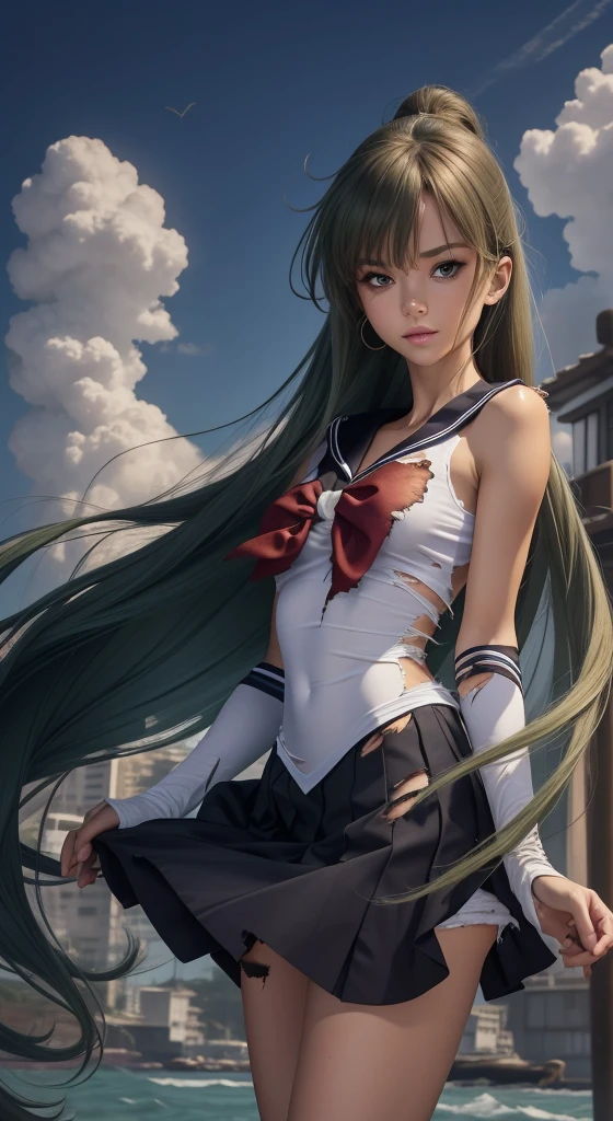 Scoop Neck,,beautiful caucasian woman,(((open neck))),slender body,light blond hair, Attractive posing, Full body, perfect detailed face, frame the head, glamour,damage costume,beautiful caucasian woman,slender full body,perfect detailed face, frame the head,wear torn,(torn clothes:1.5),,,((a school girl in ripped Japanese sailor school uniform)),(night sea background:1.2),shiny skin