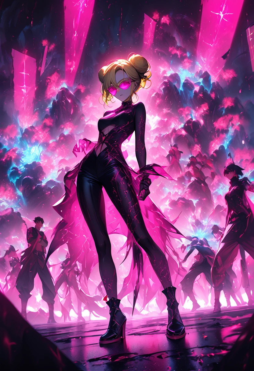 be ethereal, loose bun, lasts transparent bioluminescent, sexy big Sensual Goku sunglasses + Sarada Power, yellow hair spray curled full body posture, Kung Fu art low crouching perspective, emitting moody constellation of hues including brown, rot, pink neon , lemon, love it neon cyan, surrounded by a storm of luxurious light, explosão de laranjas e rots