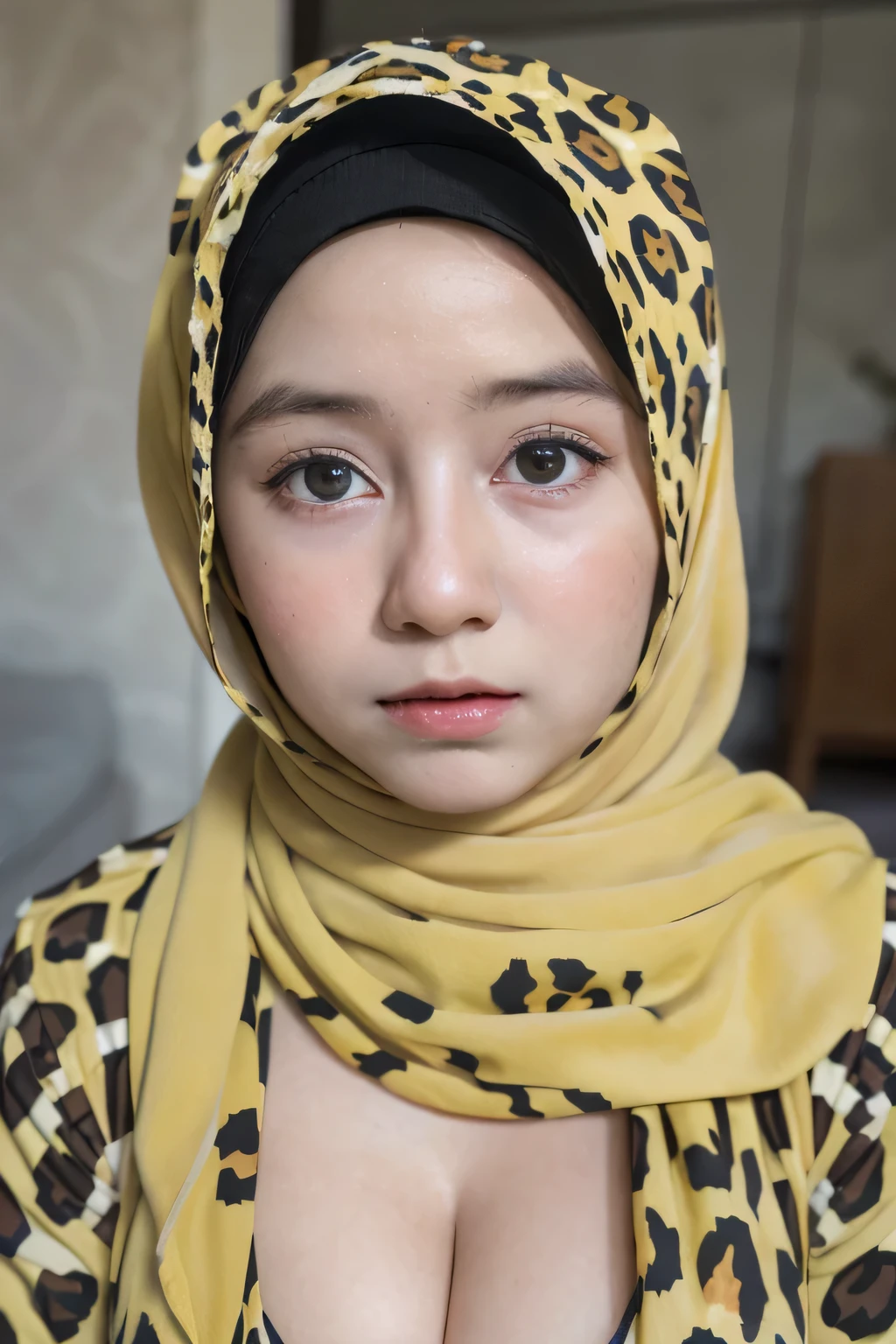 (((Baby Face))), Very cute like a baby face, ((Stylish Hijab)), adorable, 1 girl, , baby face, shy, half body portrait, (face details: 1), (eye details: 1), ((round large breasts, cleavage)). Cute posed. proportional body. Ultra High Res. realistic: 1.4, UHD, ((leopard pattern)), ((sad face details))