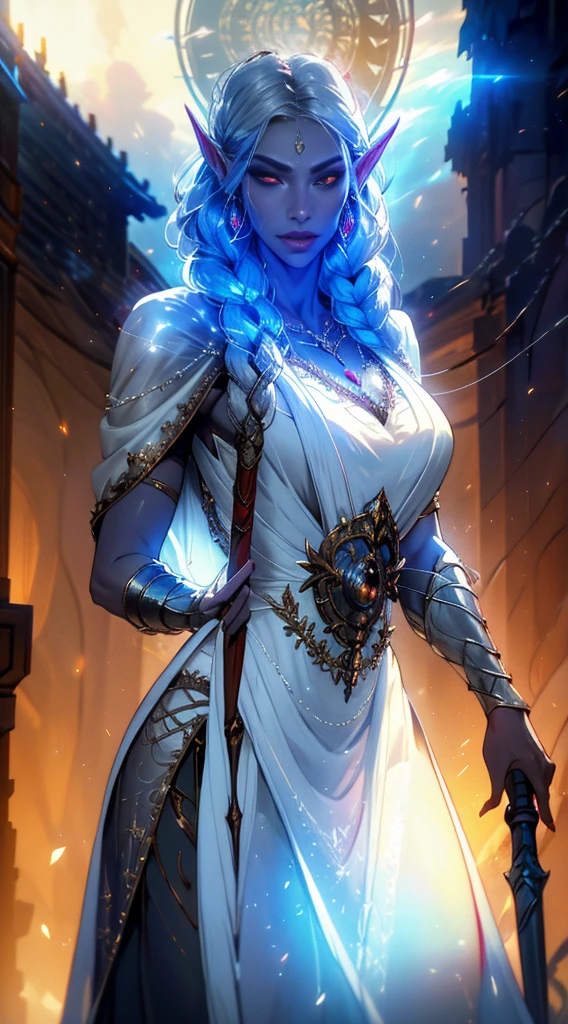 1girl, sexy drow, morena skin, pale silver long elaborate braids, ((red eyes)), jewels, elf ears, earrings, ((white sorceress sexy dress)), ((wields staff)), ((cast light magic)), on a roof of scyscraper, athletic, volumetric lighting, best quality, masterpiece, realistic, anatomically correct, (strong cinematic lighting), stunning details, intricate details, 8k post-production, High resolution, super details, trending on ArtStation, sharp focus, depth of field f/1.8, studio photos, (((looking at camera)))