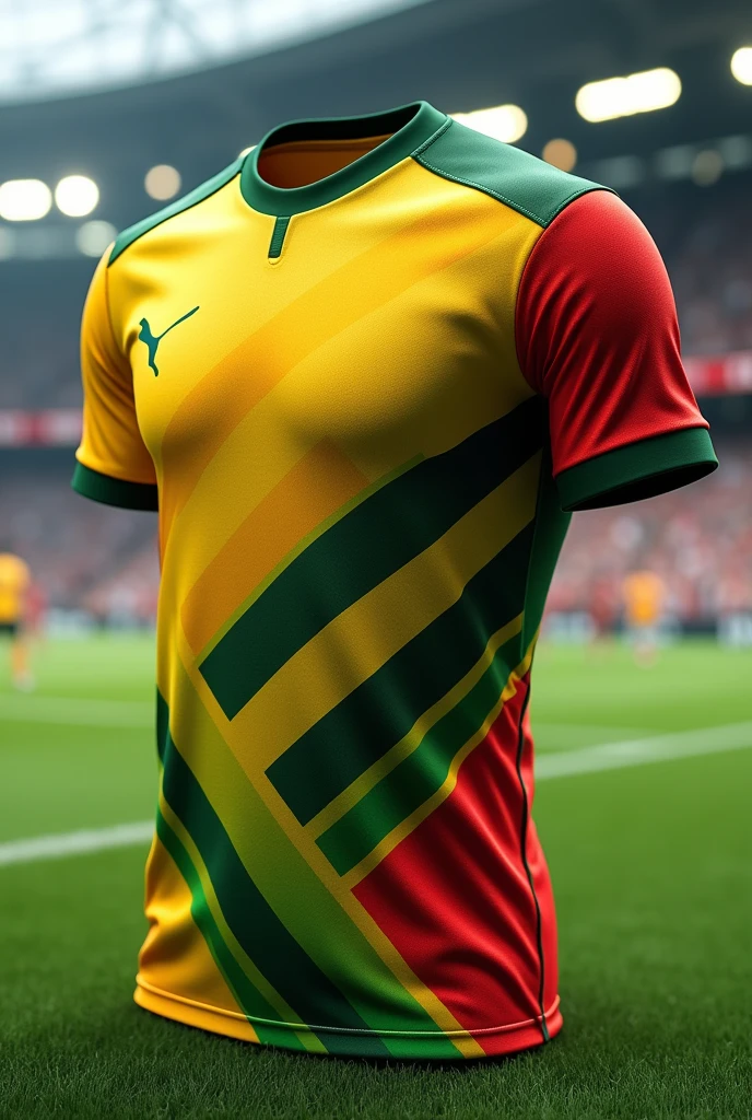 Football shirt with a new design that does not exist, using only yellow colors, green and red so that the design is clear on the front and back