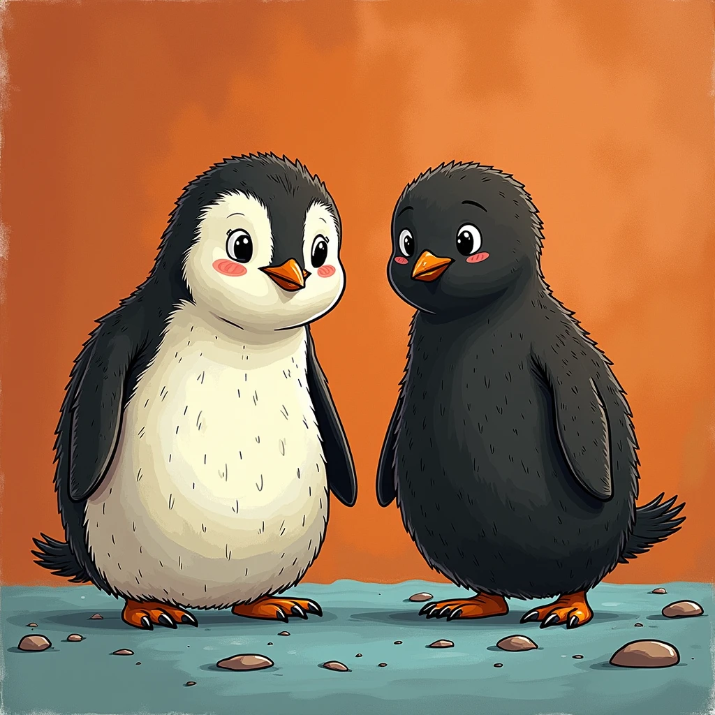 Draw a cartoon super fat emperor penguin baby, the penguin baby should be cute