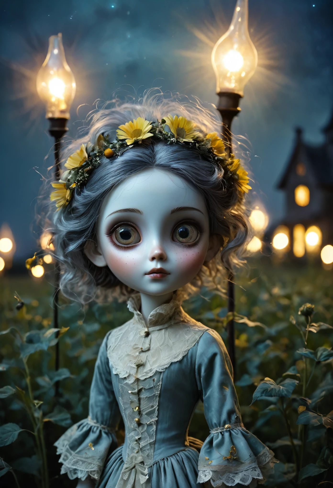 Vibrant, analog photo style, depths of field, (cute woman with big doll's eyes, messy grey hair, surrounded by a dark horrible antique setting), (don't be afraid of the night, be afraid of those you might meet at night), (her full body is a visual pleasure), extremely sexy, gloomy dark atmosphere, deep shadows with the some sun rays, a delicate balance between beauty and darkness, faded colours, great quality, Masterpiece, blurred gloomy background, naturally cinematic light, 16k quality, kodak porta 400, bokeh.