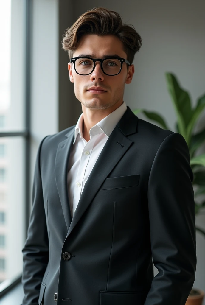 a man in a suit, Wavy hair, a little short and tidy, with black prescription glasses, young man