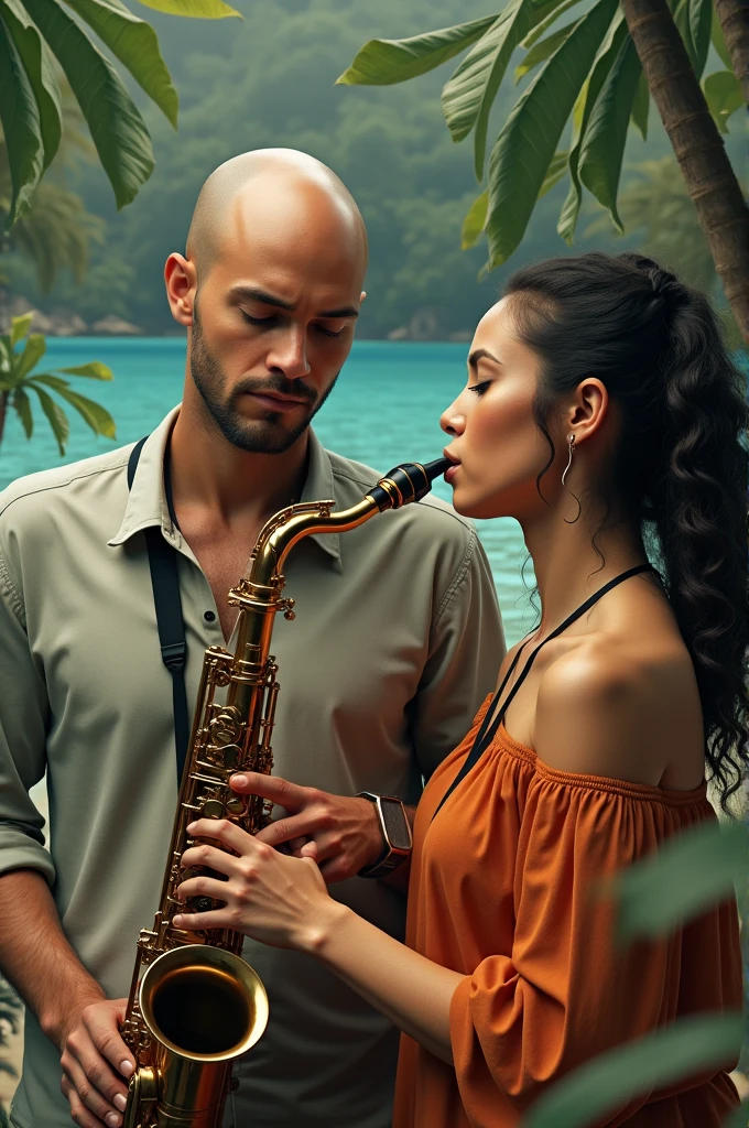 clear man, bald man playing sax and a Brazilian woman playing transverse flute