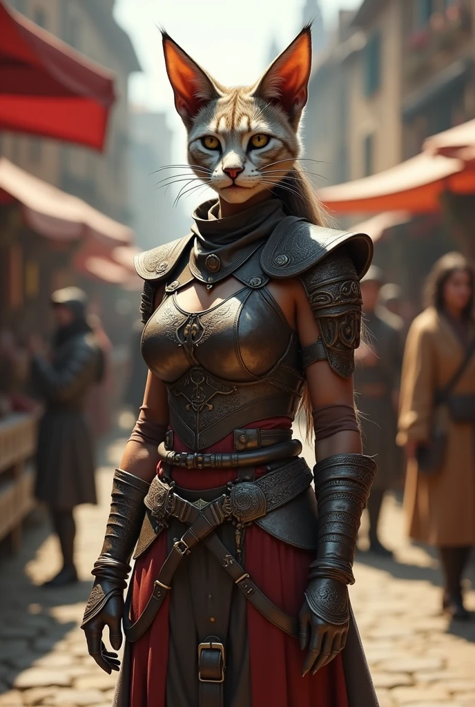 A female Khajiit,  of armor, merchant class with big hairy breasts , medieval market scene 