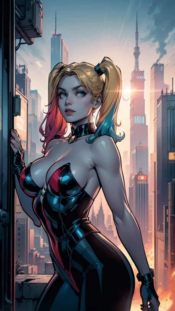 work of art, Ultra-fine photo, best qualityer, ultra high resolution, photorrealistic, lighting sun, full - length portrait, incredibly beautiful, dynamic poses, 精致的面容, vibrant eyes, (lateral view) , ela usa fantasia futurist do Batman, dc comics, breasts big, neckleace, below the chest, very detailed background, gazing at viewer, 1girl, face detailed, marvelous, highly detailed skin, realistic skin detail, sharp focus, volumetric Fog, 8k hd, dslr, high qualiy, film grain, skin fair, fotorrealism, Lomography, viewed from the top, translucent, Cyberpunk Background, futurist, Neon lights, cyberpunk, neon sign, night city, STANDING rooftop, perfect eyes, perfect face, Harley Quinn standing, portrait of harley quinn, (posing sexy on abandoned factory), (perfect slim body), ((Harley quinn from batman comic series)) (beautiful face)(glowing eyes)(red lips) ((very long twin tails hairstyle with side bangs)) (very pale skin)