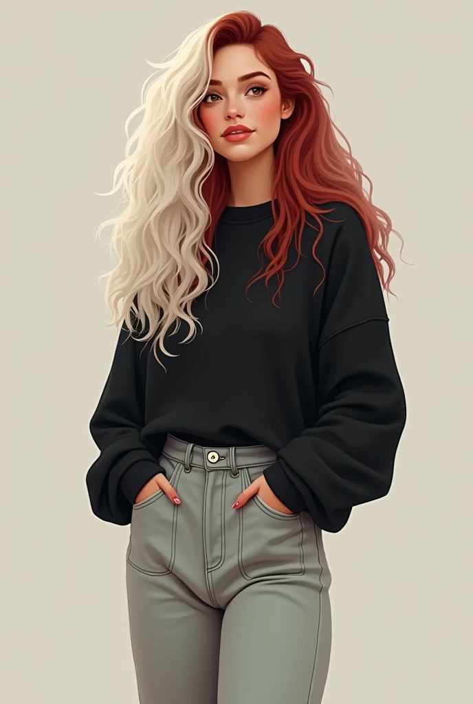 A 20-year-old woman in digital art style smiling without showing her teeth with long wavy and curly hair in a mix of white and red wearing a black sweater and loose light jeans covering some of her black All Star sneakers I want the whole body to appear
