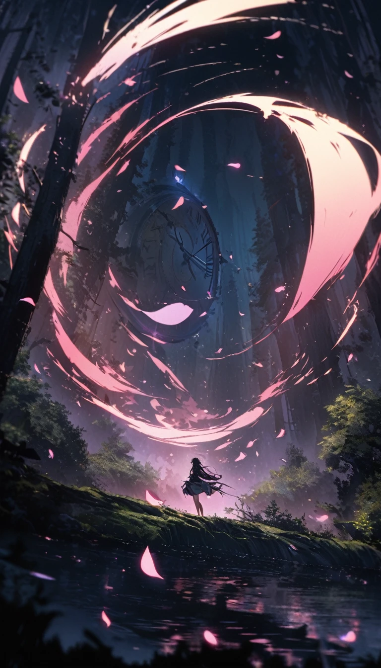 emerging art works, best quality, Ultra-fine, 16K, Extremely ridiculous, Very detailed, Beautiful fleeting girl standing in the forest, Wind, Wind-effect, Moonlight night scene, (magnificent view:1.2), clock metal, Falling iridescent petals