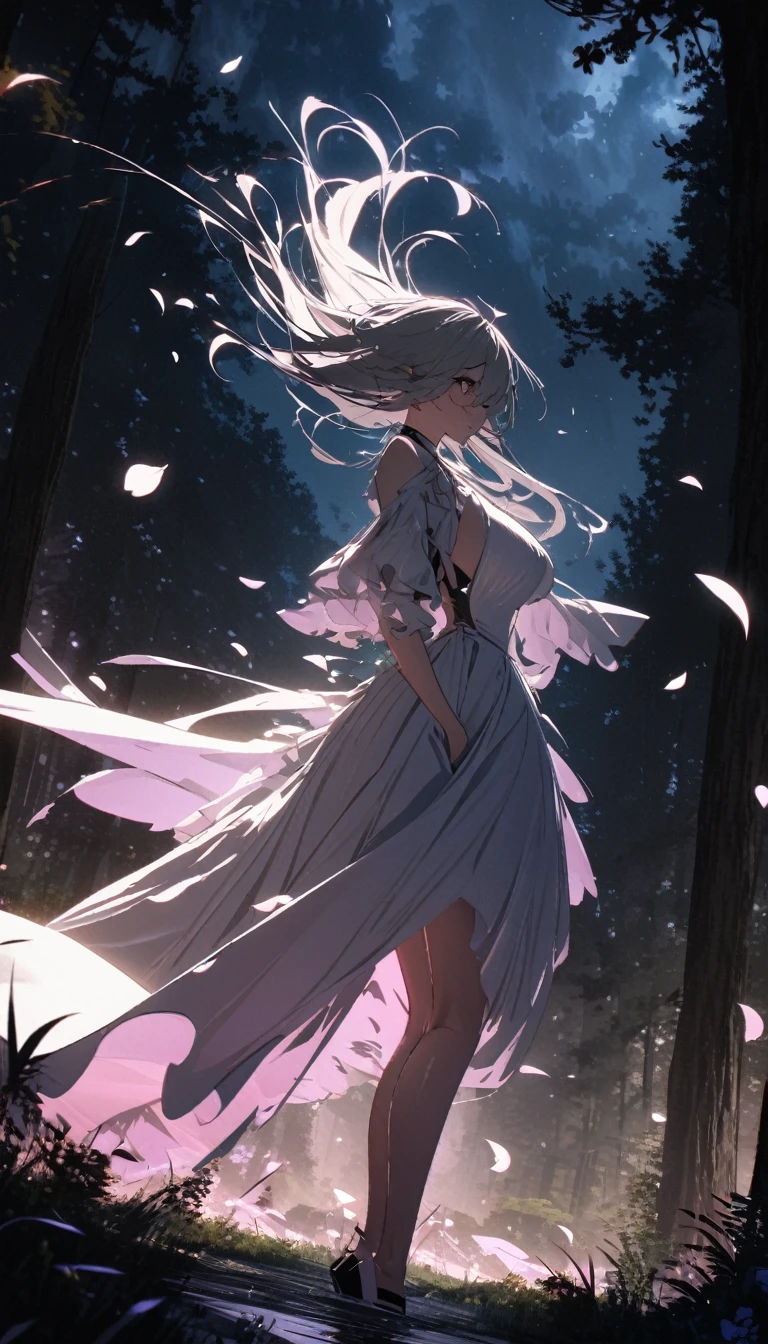 emerging art works, best quality, Ultra-fine, 16K, Extremely ridiculous, Very detailed, Beautiful fleeting girl standing in the forest, Wind, Wind-effect, Moonlight night scene, (magnificent view:1.2), clock metal, Falling iridescent petals