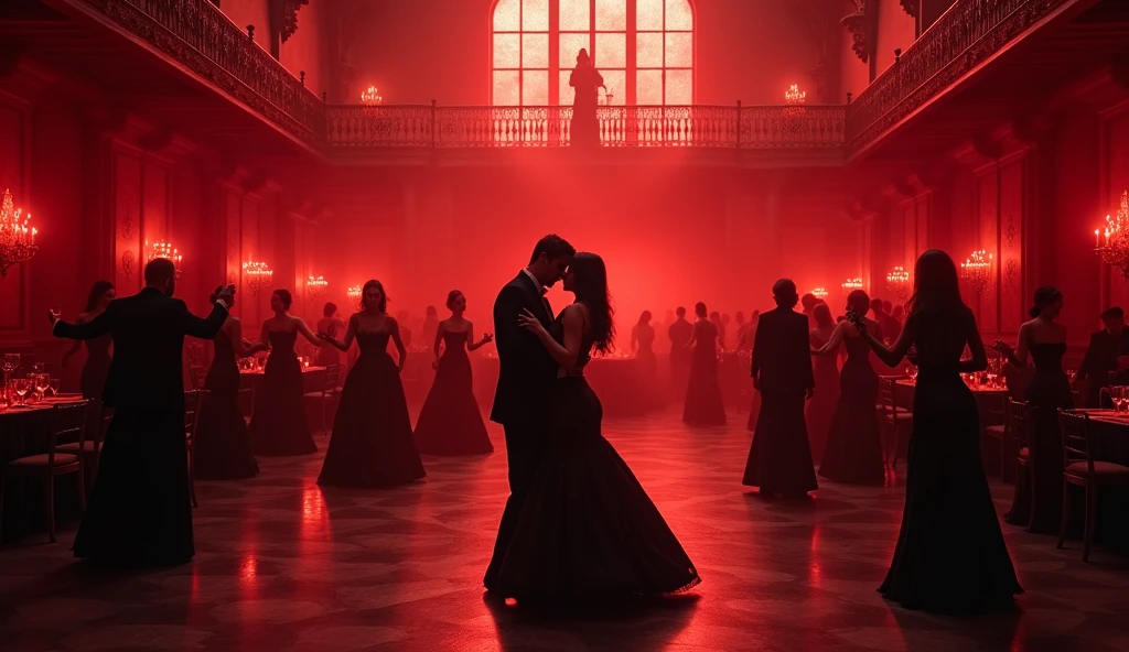 huge, a very large gothic ballroom, filled with red light, with high glass ceilings. The hall is scary and gloomy, inside him dance the dark and gloomy, but beautiful, People. Women in long, revealing and elegant dresses, and the men in formal suits. There are small round tables at the edges., with an abundance of glasses of wine. Many people proudly dance the waltz in pairs, measuredly and without showing emotion on the large dance floor in the middle. There is a beautiful balcony at the very end of the hall., On it stands the host of the ball, shrouded in darkness and watching the celebration. Некоторые People держат в руках бокалы. Need more space for dancing 