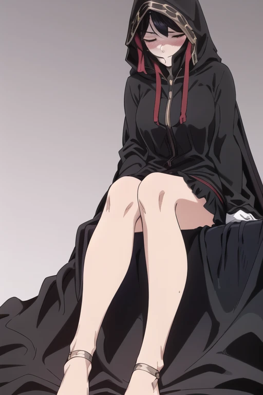 NNAssassinFSF, 1girl, solo, black hair, long cape sleeves, sleeves covered hands, long skirt, robe dress, long cape, cape, black cloak, hood up, black robe, covered mouth, white gloves, hooded cloak, ((masterpiece, best quality)), from below, bed, sitting , eyes closed, blush 