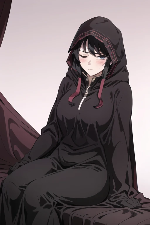 NNAssassinFSF, 1girl, solo, black hair, long cape sleeves, sleeves covered hands, long skirt, robe dress, long cape, cape, black cloak, hood up, black robe, covered mouth, white gloves, hooded cloak, ((masterpiece, best quality)), from below, bed, sitting , eyes closed, blush 