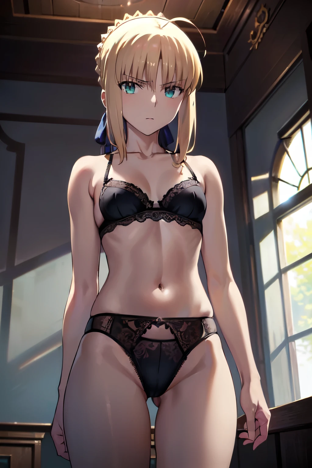 (masterpiece, High resolution, detailed:1.3), (Artoria Pendragon from Fate/stay night anime), (small breastst,), (black Lace bra: 1.2), (black Lace Panties: 1.2), standing, cowboy shot, indoor, bedroom