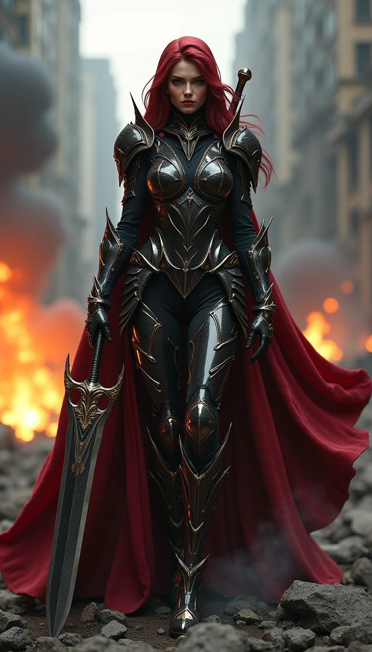 The templar girl from Hellgate: London, standing over a pile of dead demons with a live one sneaking behind