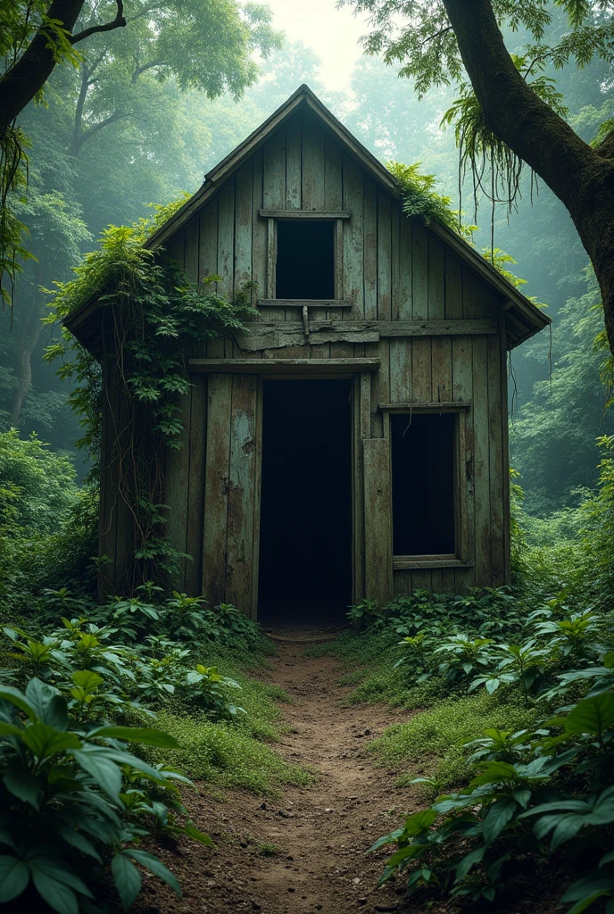 Old slave house with abandoned area in the middle of the forest, without doors or windows, roots that grew through the walls due to time