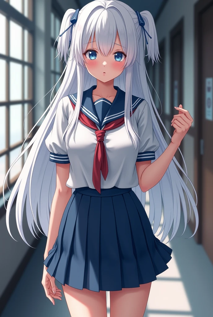 Half Russian half Japanesel ong white haired school girl who is e cup size breasts wearing Japanese school uniform and has blue eyes