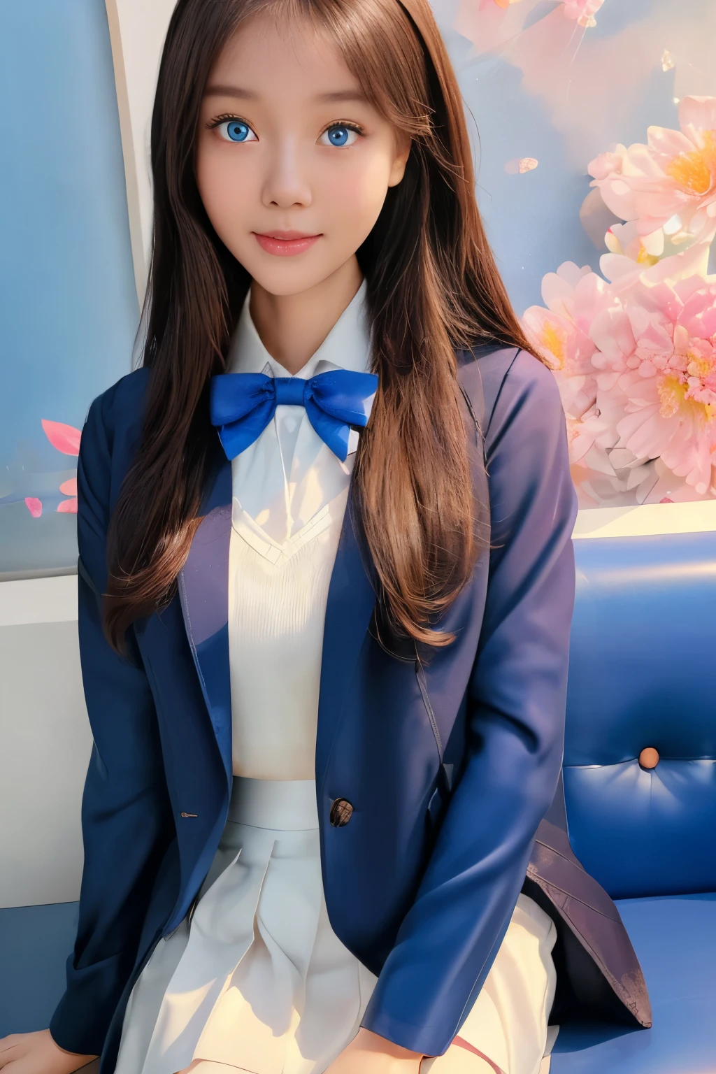 best qualtiy,tmasterpiece,hight resolution,1girll,dingdall effect,realisticlying,edge lit,two tone lighting,(highdetailskin:1.2),8K UHD,pure,Sweet,flowers background,Colorful background,Based on physical rendering,Perfect Light and Shadow,extreme hight detail,Pink tones,eye reflections,Raised sexy,perfect bodies,Superb beauty,largeeyes,long eyelasher,Delicate eyes,(blue eyess)、big shiny eyes,Small pupil reflex,Shoulder and neck details,The texture of the pupil is delicate,Perfect eyes,black pupils,best qualtiy,tmasterpiece,16K,a picture,head portrait,Bigchest,Medium size breasts,Delicate avatars,(( girl standing in the waiting room by the lake)),((female students、Uniforms),((Wet Navy Blue Jacket、Front opening、emblem on breasts))、)(Wet translucent white blouse)、(red bowtie,)(White flared skirt),(Black pantyhose),(Black loafers)、(a smile)、((she is soaking wet)),