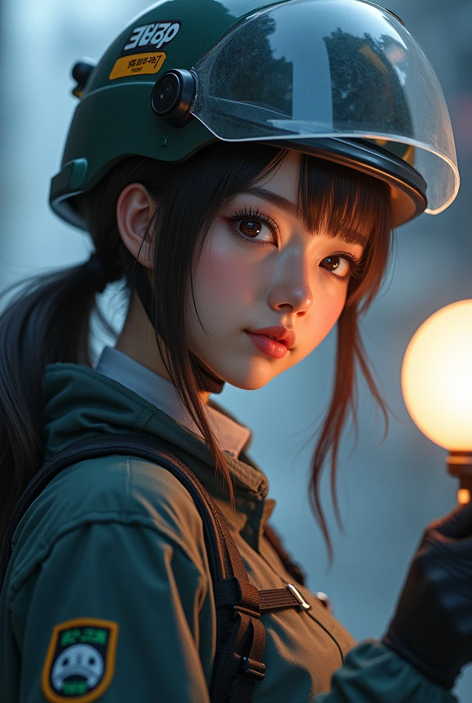 In Japan、people々A beautiful 20-year-old girl calls for disaster prevention measures。Disaster prevention specialist、High knowledge of disaster prevention。Wearing a helmet。Have a light。Hair is semi-long and in a ponytail。She has beautiful double eyelids, but her gaze is sharp.。The lips are slightly thick and glossy.。Slender and D cup。