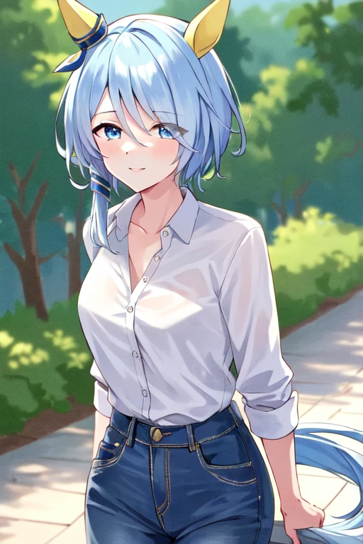 (masterpiece), highly detailed, best quality, (high resolution), 8k, 1girl, solo, k.s.miracle, umamusume, short hair, blue hair, horse ears, horse girl, horse tail, blue eyes, cinematic angle, looking at viewer, outdoor, jeans , dress shirt, gentle smile, eyes visible through hair, hair over left eye