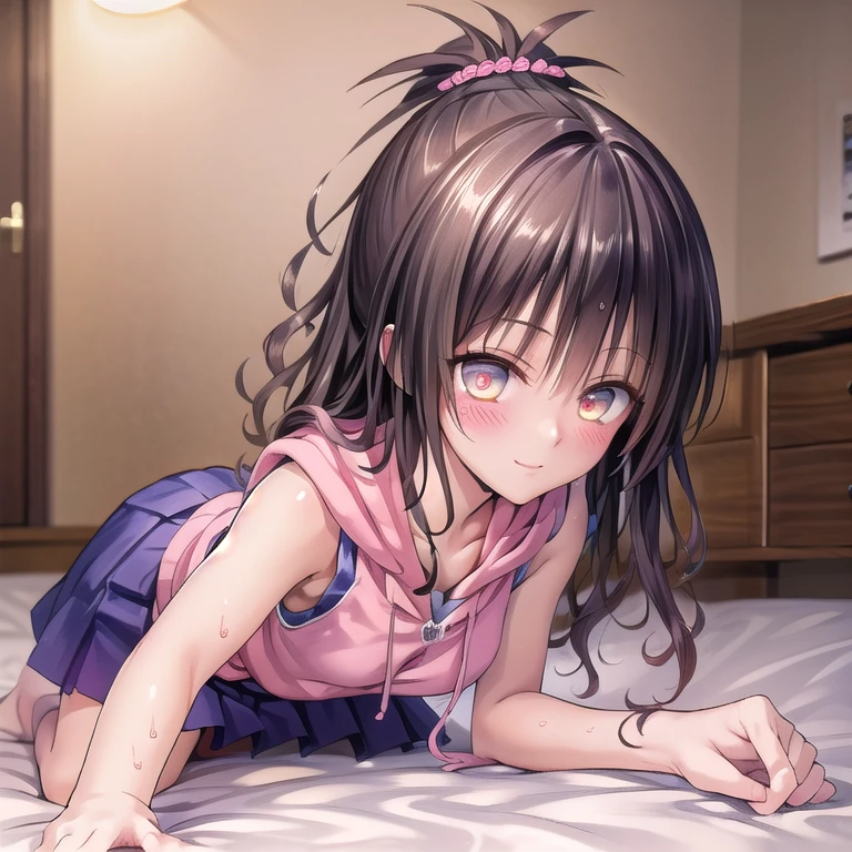 realistically, glowing eyes, ponytail, white short skirt, extra short skirt, Blush, daytime, Wet from the rain, see through, sleeveless shirt, pussy, shy, lying down, skirt lift, mikan yuki, the skirt is flipped up, smile, s, highest quality, High resolution, highly detailed face, perfect lighting, Very detailed CG, perfect hands, perfect figure, perfect anatomy, seduce expression, semen drip from pussy, bottomless, tying hair, armpit, athletic figure, full body view, bedroom background,(((sleeveless pink hoodie, pleated white skirt, tying hair, see through)))