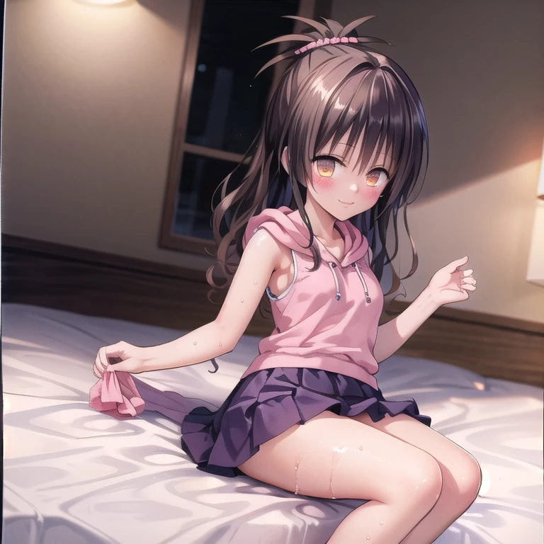 realistically, glowing eyes, ponytail, white short skirt, extra short skirt, Blush, daytime, Wet from the rain, see through, sleeveless shirt, pussy, shy, lying down, skirt lift, mikan yuki, the skirt is flipped up, smile, s, highest quality, High resolution, highly detailed face, perfect lighting, Very detailed CG, perfect hands, perfect figure, perfect anatomy, seduce expression, semen drip from pussy, bottomless, tying hair, armpit, athletic figure, full body view, bedroom background,(((sleeveless pink hoodie, pleated white skirt, tying hair, see through)))