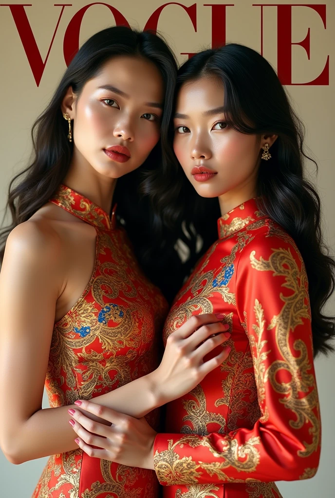 (Ultra-detailed, photorealistic, best quality,4k,8k,highres,masterpiece:1.3), (Vogue magazine cover), (Vogue Style Cover), Vogue style color paintings, 2 females, age 20, Vietnamese. With her tan skin and perfect body shape, she radiates an irresistible allure. Known for her super sexy appearance, her busty physique and long legs only enhance her appealing persona. Her body language is as captivating as her physical attributes, always exuding confidence and sensuality. (((She's wearing a Versace Barocco Aodai - Vietnamese traditional clothes, the iconic Barocco print enhancing her bold and daring persona))). ((intricate detail)), super finely detailed hands, ultra finely detailed fingers(((ten fingers))), (standing confidently), (full body showcase), (show full body), (no logos on background), (no logo).