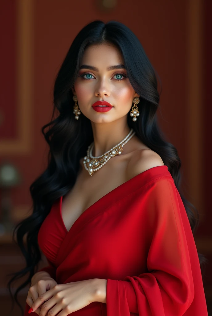 ultra realistic 8k cg, picture-perfect face, flawless, clean, masterpiece, professional artwork, famous artwork, cinematic lighting, cinematic bloom,
super realistic 8K, Perfect, clean , masterpiece, Professional artwork, famous artwork, face perfect,
43yo girl, solo, alluring step mom,(sexy Bangladeshi women:1.2),
beautiful woman,very sexy appearance, seductive , rosy cheeks, smooth skin,
huge breasts, smooth face, detailed face, smooth skin,shiny skin,highly detailed face, detailed face, perfect proportions, well-proportioned body of six heads, huge breasts, thin waist, navel, big butt , crotch gap, large thighs,mature,toned legs, long neck, big ,detailed hair, ,detailed breasts, slim waist,beauty, long eyelashes, hourglass body, juicy lips,Beautiful expression, beautiful eyes,
Looks good with straight long hair,
Black hair, long hair, silky hair, detailed bangs, (hair between eyes:1.2),
((Light olive eyes:1.2)),
gorgeous bright neon blue eye makeup and thick black winged eyeliner, peachy matte lipstick, looking into the camera,
detailed eyebrows,
(hourglass body:1.3), ultra detailed, best illustrated, showing off, seductive_pose, sexy eyes,full-body_portrait, Intrinsic exquisite details of (eyes, hair, skin, face, hands, fingers, anatomy), stunning otherworldly beauty, sexy pose,
She is Wearing (Red Georgette Saree:1.5),(Boat Neck Design Blouse:1.5),
full and juicy lips(dark red lipstick), belly jewelery, pearl necklace, pearl ear_rings, perfect fingers and nails, red_fingernails, golden ratio, seductive_pose, big_boobies,deep cleavage,
,professional photoshot, incredibly beautiful woman in the form of a 'Desi Milf', elegant wild beauty and attractiveness, seductiveness and inaccessibility, beautiful, photoshot for Vogue magazines, sensual, ultra detailed, ,mature female,1 girl,cowboy_pose,naughty, (iu:0.8),cleavage,