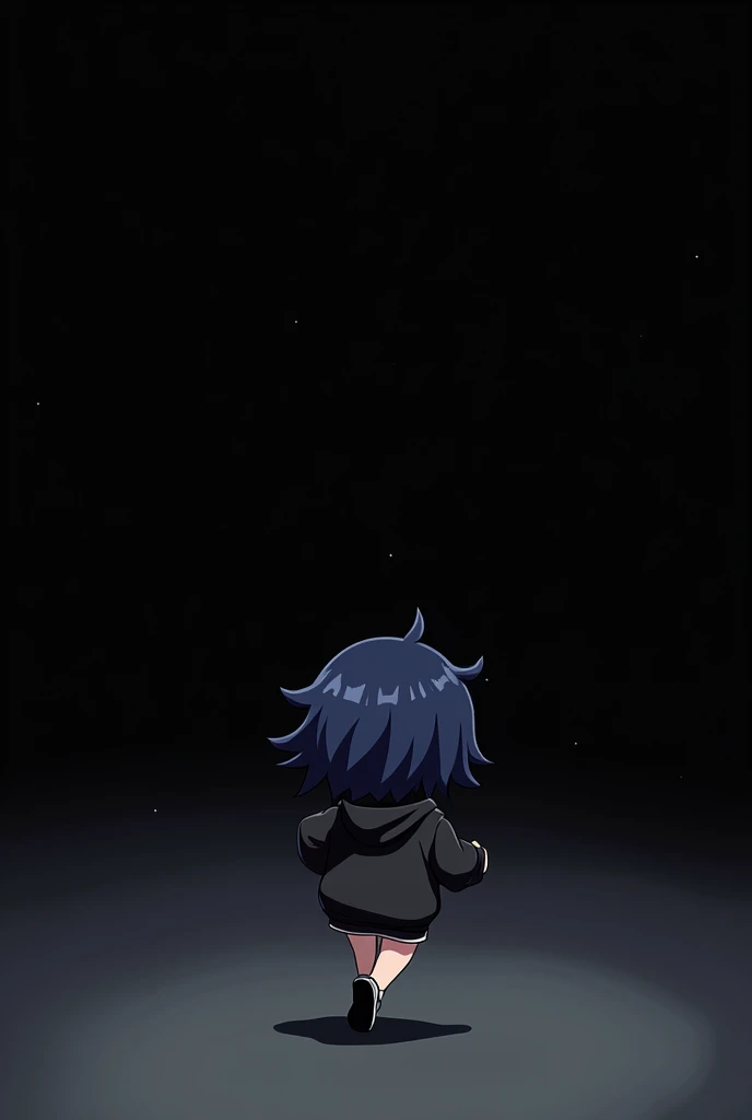Blank Black background , involved Anime girl , dark blue hair , modern day mullet hair style , black hoodie , chibi , faces the opposite direction , runs , no floor 
