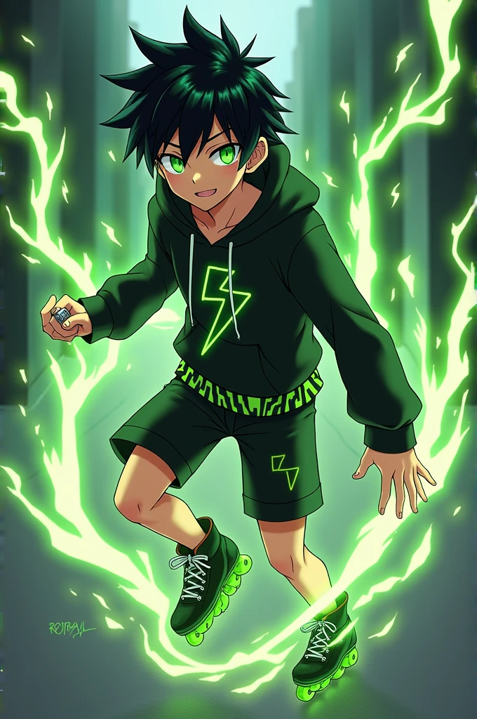 Could you please create an Anime Character. A male character with black hair reaching his ears, bright green eyes, wearing a black hoodie with green lightning around the waist, black shorts, and a silver ring with a subtle lightning pattern. He has a green lightning aura. He schuld wear cool black inline skates with green weehls. His hair should a little bit curly and with a bit green in it.
