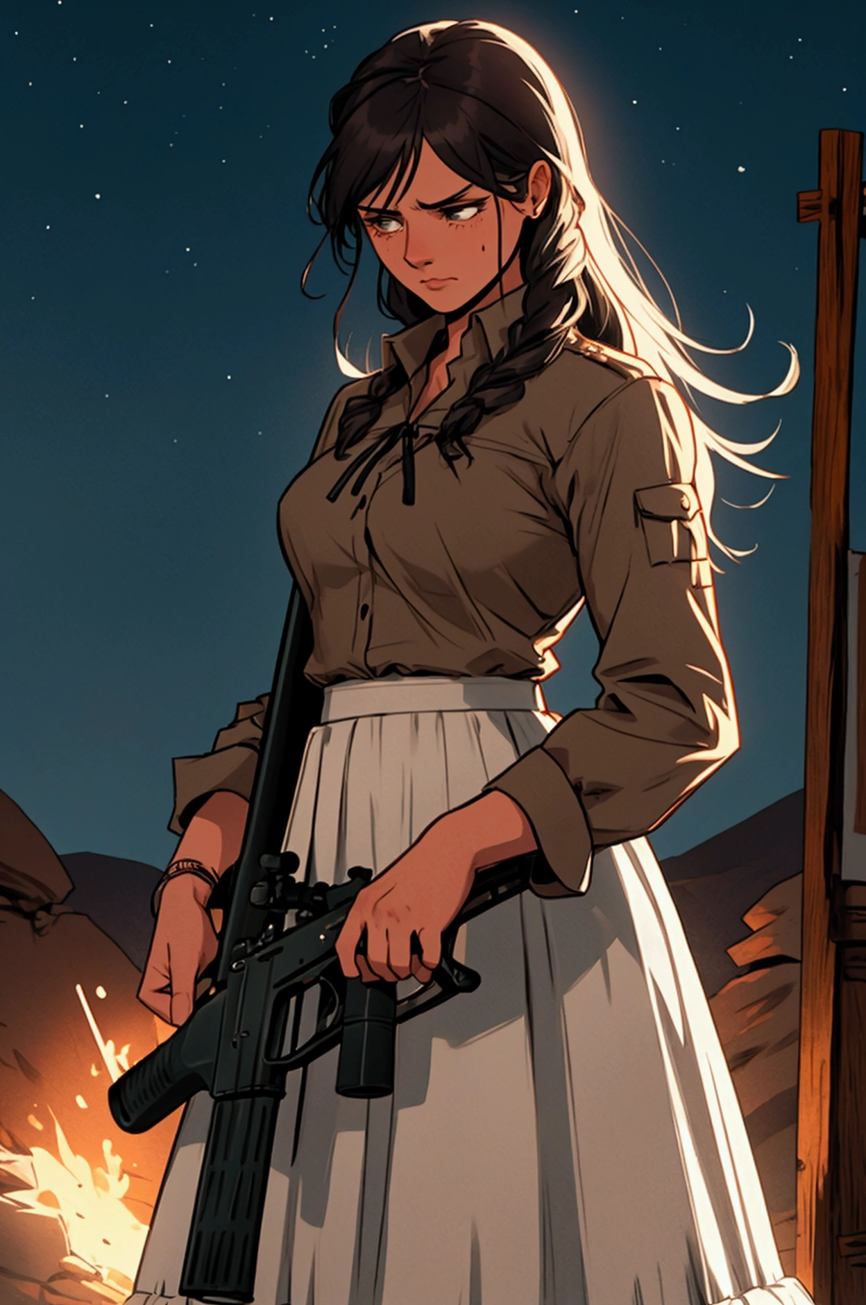 An illustration of a cowgirl woman with longskirt, shooting a rifle. at us, at night. emotional. rage. Adventure.