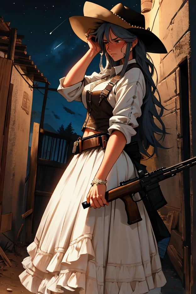 An illustration of a cowgirl woman with longskirt, shooting a rifle. at us, at night. emotional. rage. Adventure.