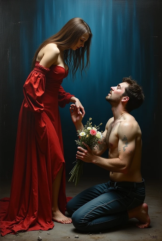 Renaissance horror painting in which a desperate and tormented man is being rejected by a woman. The man, with an expression of deep despair and wide eyes, kneels offering a bouquet of flowers to the woman, his hands shaking as he begs for her love. His skin is pale and marked with dark veins, as if the rejection is literally draining the life from him. The woman, with an ethereal and sinister beauty, stands above him, looking down at him with a cold and impassive expression. She is dressed in a red dress that seems to flow like shadows around her feet, and her brown hair waves as if moved by an invisible wind. The surroundings are dark and oppressive, with dramatic blue lighting. The contrast between the man's desperate plea and the woman's implacable coldness creates an atmosphere of deep psychological terror.