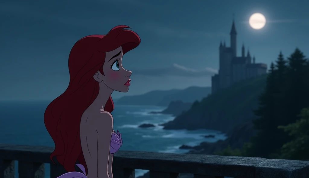 ariel, he has a sad look, super realistic female human face, she wears a simple pink dress, she is on the castle balcony, It's night and the moon is full, trees on the horizon, sea not horizon, super feminine and realistic roast, super defined facial features, canon camera image, dark image, dark image romance