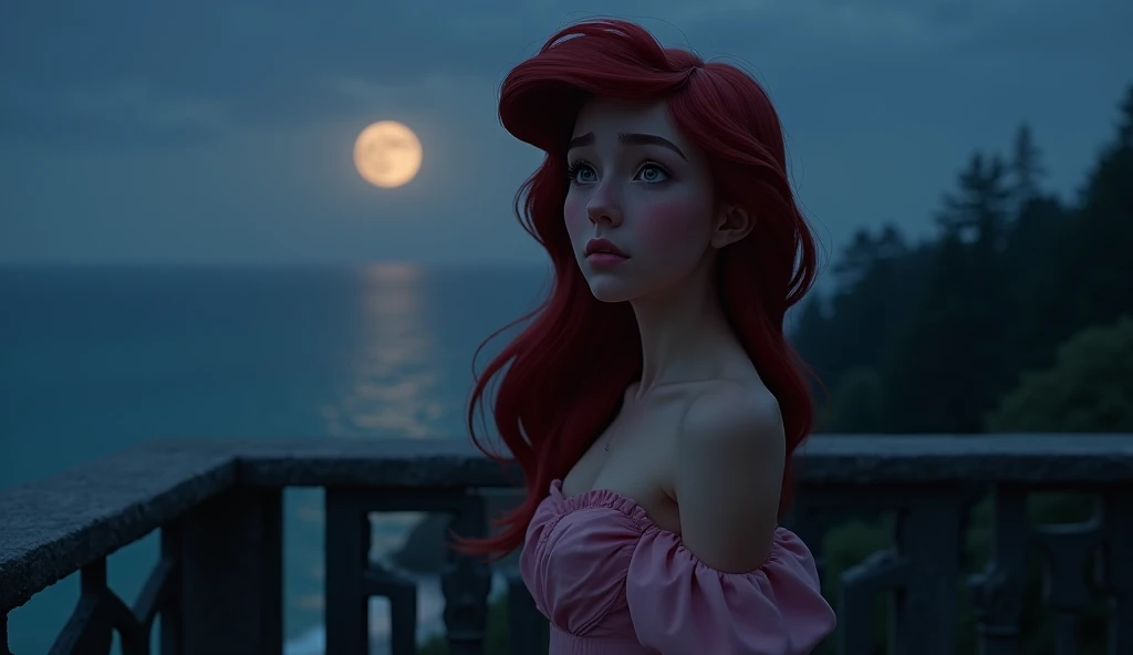 ariel, he has a sad look, super realistic female human face, she wears a simple pink dress, she is on the castle balcony, It's night and the moon is full, trees on the horizon, sea not horizon, super feminine and realistic roast, super defined facial features, canon camera image, dark image, dark image romance