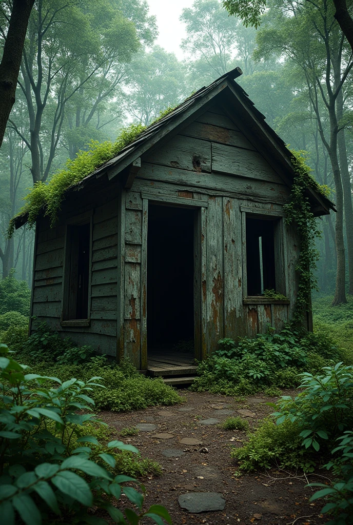 Old slave house with abandoned area in the middle of the forest, without doors or windows, roots that grew through the walls due to time