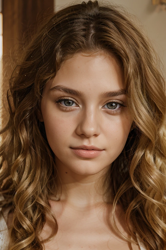 blonde girl, young, Curly hair, beauty, Brown eyes, portrait photo, beautiful woman, by blond