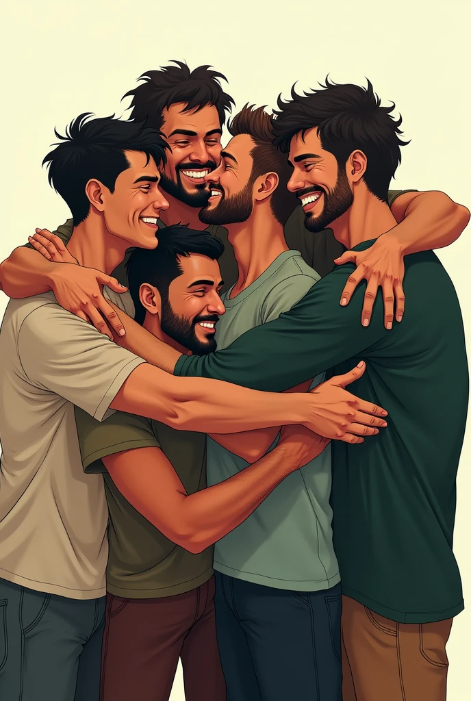 Hugging men representing personalities: alcoholic, anime fan, a bogotan, liar, a bearded man, tall and smiling, a short one